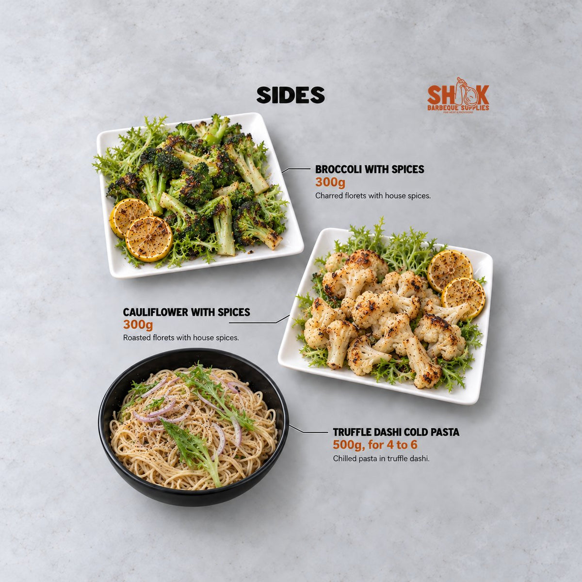 Broccoli with Spices, Cauliflower with Spices and Truffle Dashi Cold Pasta in the Shiok MINI BBQ Premium Set, Shiok BBQ Singapore