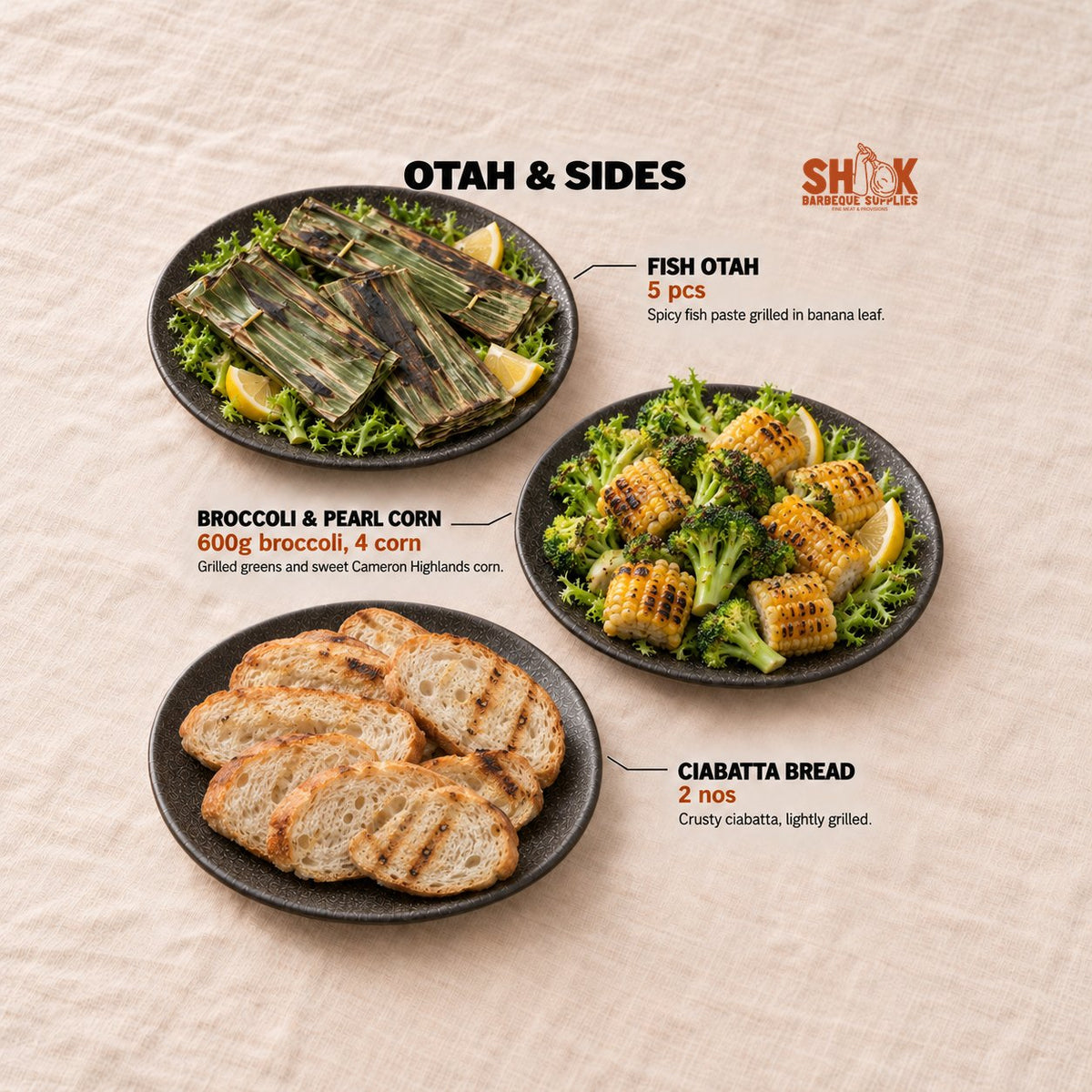 Fish Otah, Broccoli & Pearl Corn and Ciabatta Bread in the LOB LOB YOU Premium BBQ Set (15-20 pax), Shiok BBQ Singapore
