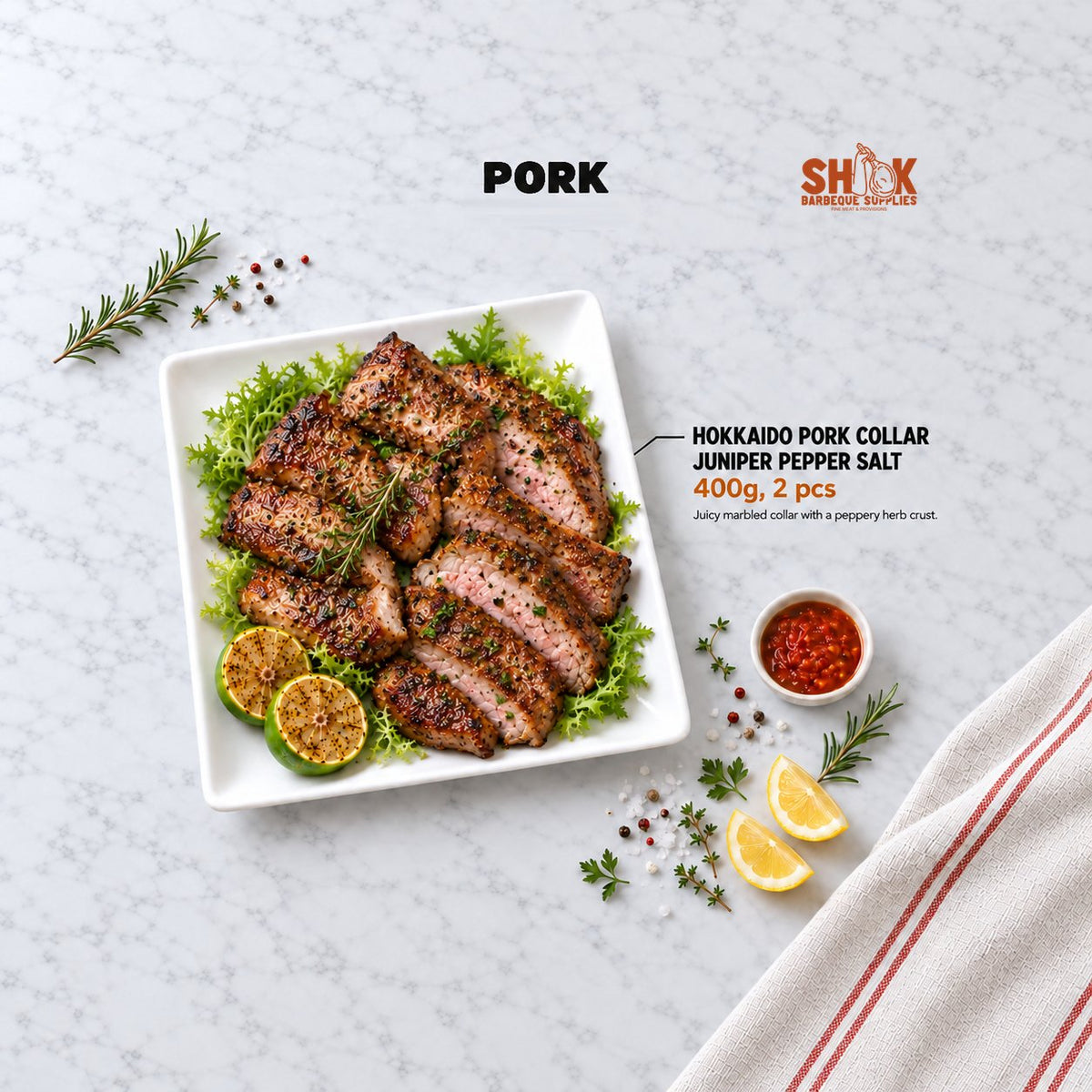 Hokkaido Pork Collar Juniper Pepper Salt in the BBQ Kaki Set, Shiok BBQ Singapore