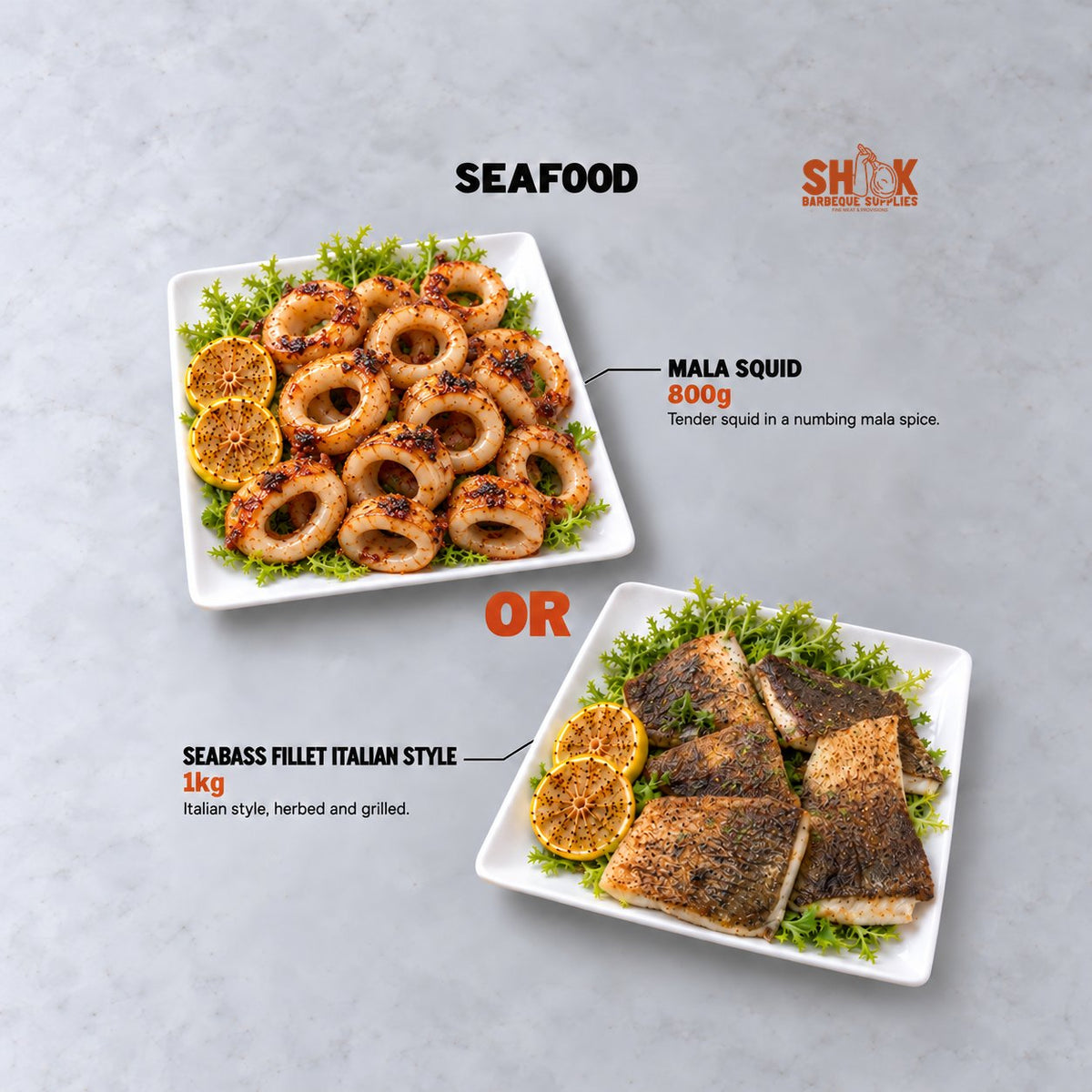 Mala Squid and Seabass Fillet Italian Style in the Shiok Shiok Bargain BBQ Set (16-20 pax), Shiok BBQ Singapore