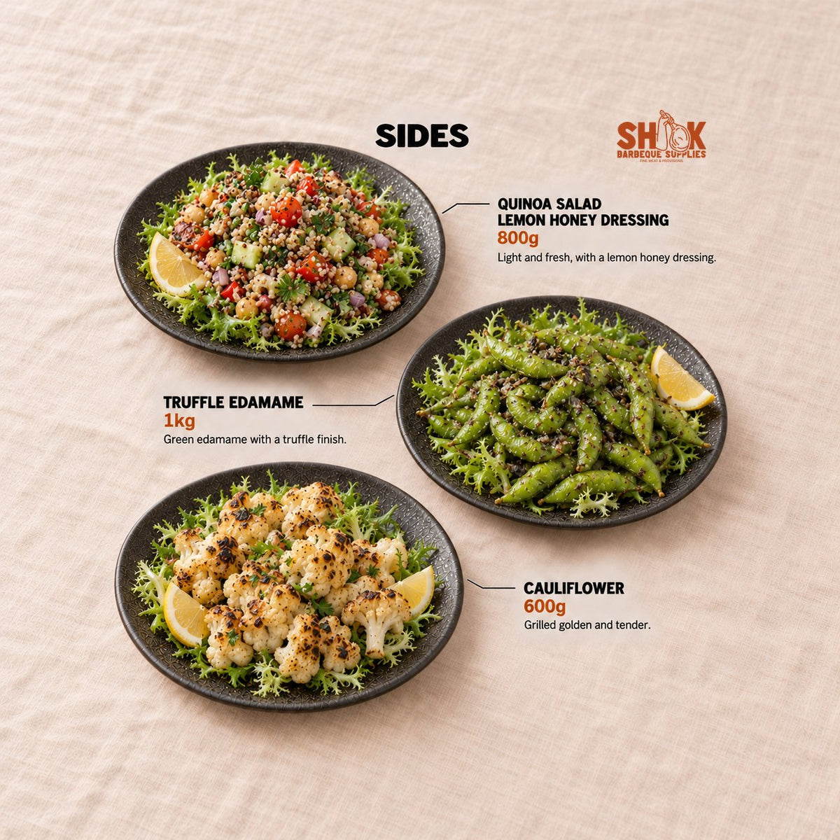 Quinoa Salad Lemon Honey Dressing, Truffle Edamame and Cauliflower in the DIY Wagyu Burger and BBQ Set (8-10 pax), Shiok BBQ Singapore