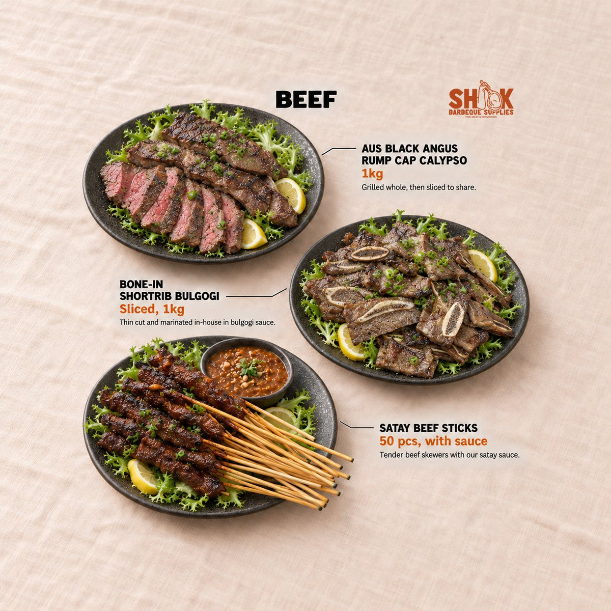 Aus Black Angus Rump Cap Calypso and Bone-in Shortrib Bulgogi in the Nice To MEAT You BBQ Set (30-40 pax), Shiok BBQ Singapore