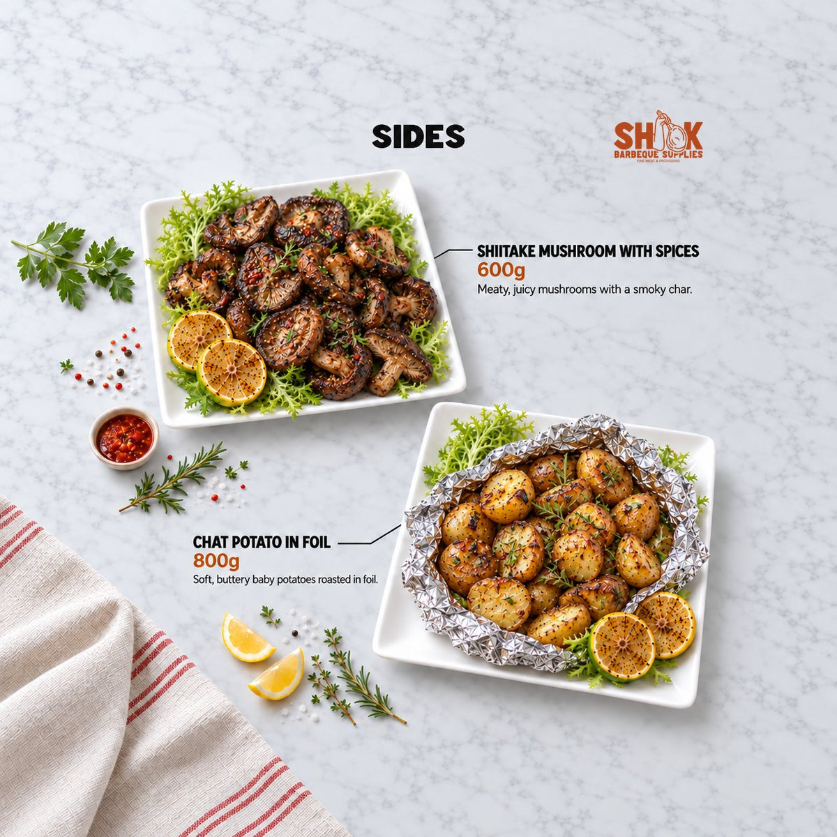 Shiitake Mushroom with Spices and Chat Potato in Foil in the BBQ Mini Kaki Set, Shiok BBQ Singapore