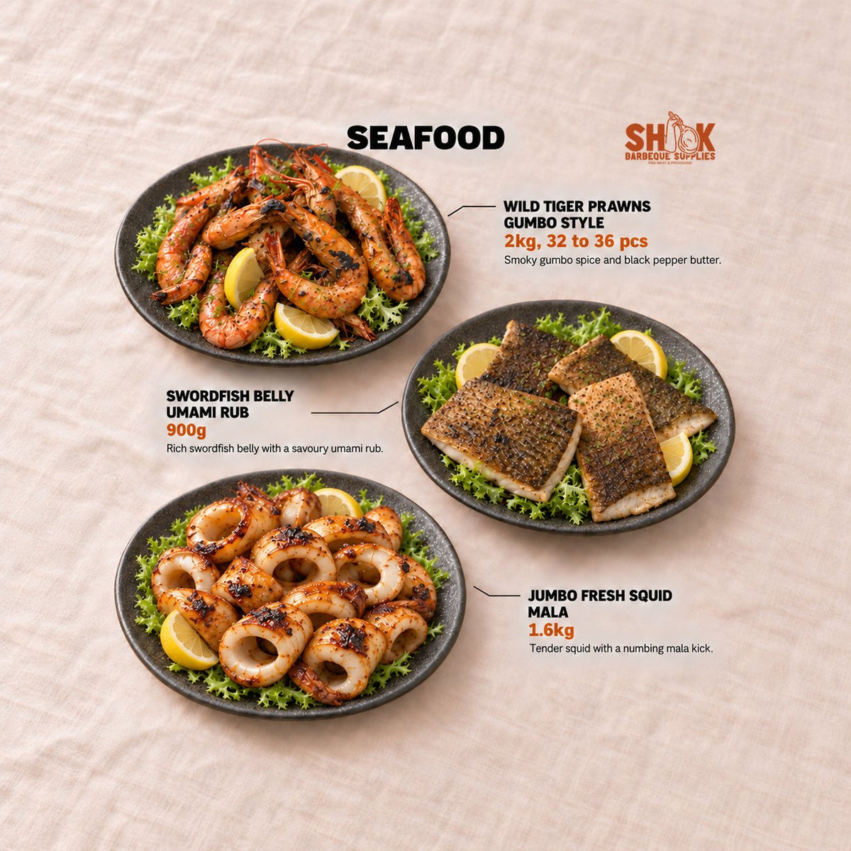 Wild Tiger Prawns Gumbo Style and Swordfish Belly Umami Rub in the Seriously SHIOK Wishlist BBQ Set (25-30 pax), Shiok BBQ Singapore