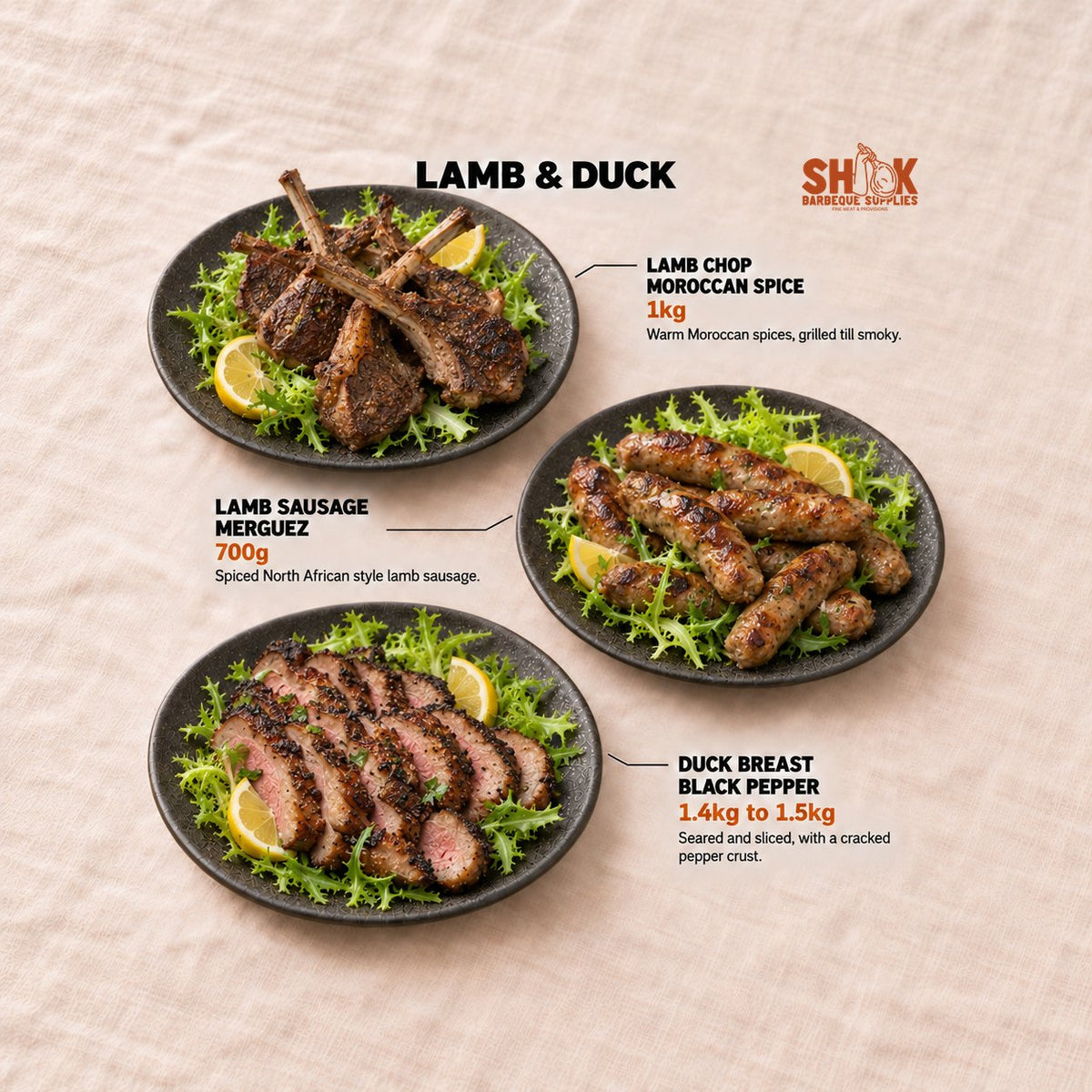 Lamb Chop Moroccan Spice, Lamb Sausage Merguez and Duck Breast Black Pepper in the Nice To MEAT You BBQ Set (30-40 pax), Shiok BBQ Singapore