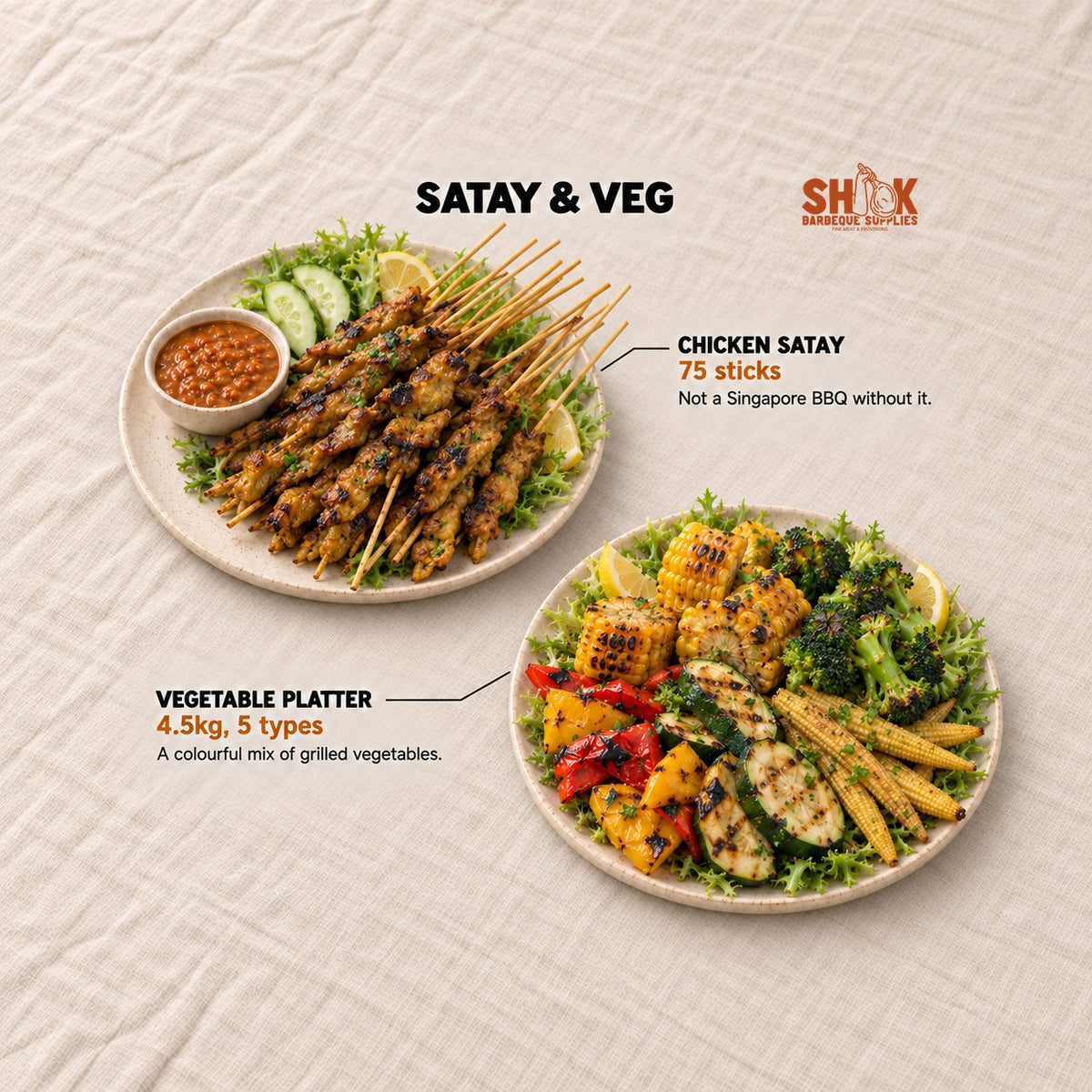 Satay and Veg in the Shiok Atas Ultimate BBQ Set (26-30 pax), Shiok BBQ Singapore