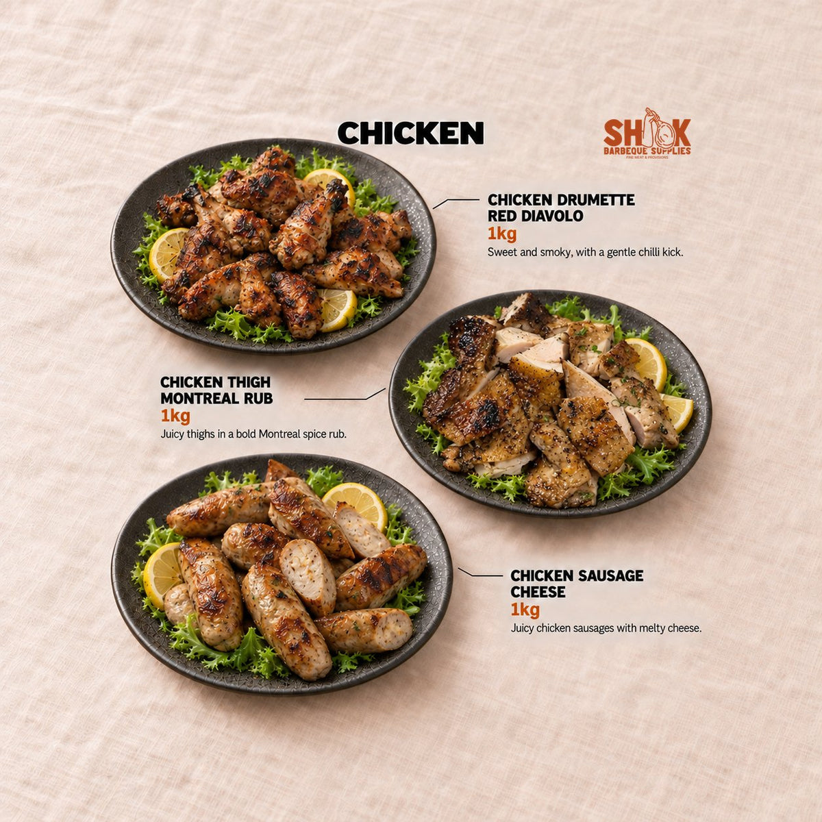 Chicken Drumette Red Diavolo and Chicken Thigh Montreal Rub in the Nice To MEAT You BBQ Set (30-40 pax), Shiok BBQ Singapore
