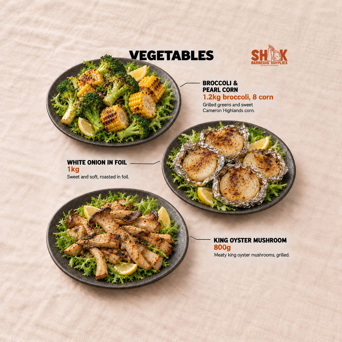 Broccoli & Pearl Corn, White Onion in Foil and King Oyster Mushroom in the Seriously SHIOK Wishlist BBQ Set (25-30 pax), Shiok BBQ Singapore