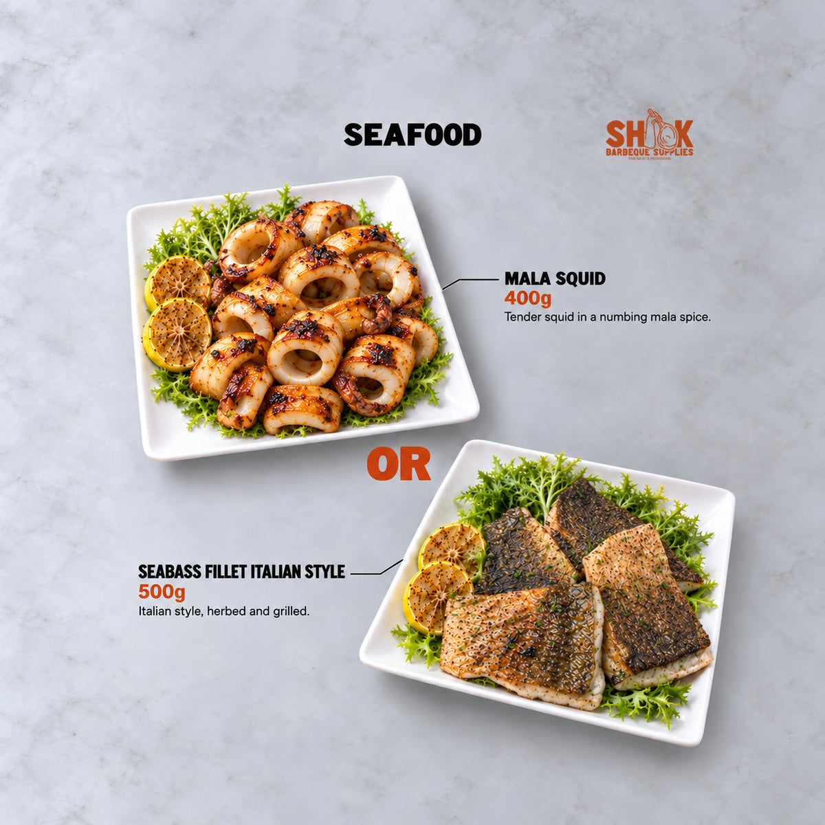 Mala Squid and Seabass Fillet Italian Style in the Shiok Shiok Bargain BBQ Set (8-10 pax), Shiok BBQ Singapore