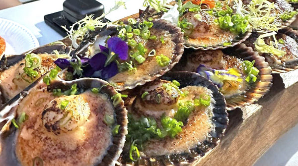 Grilled scallops in the shell with edible flowers, Ocean BBQ 8-10pax, Shiok BBQ Singapore