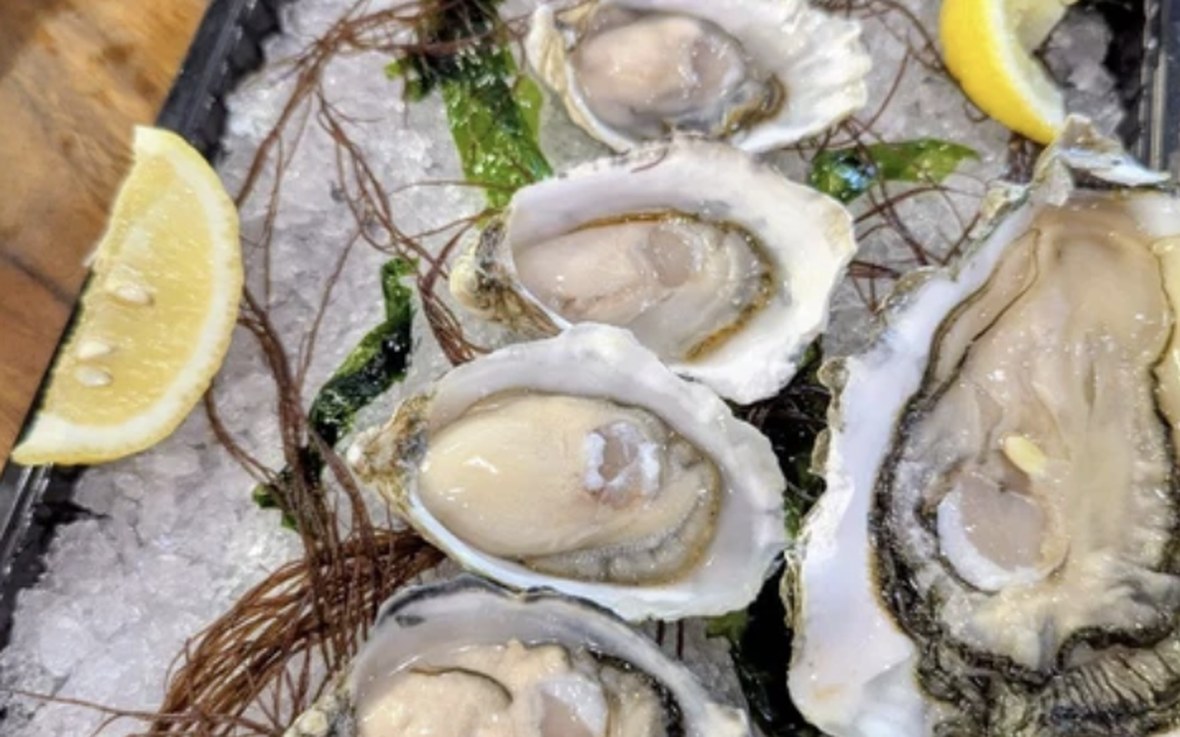 Freshly shucked oysters on crushed ice with lemon, served with a Shiok BBQ spread, supplied by Avant Seafood Market