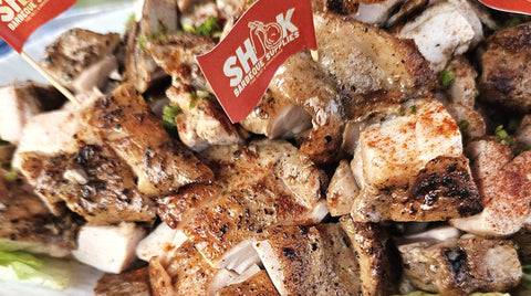 Chopped grilled chicken with a Shiok flag, Why Shiok Cheap 8-10pax, Shiok BBQ Singapore