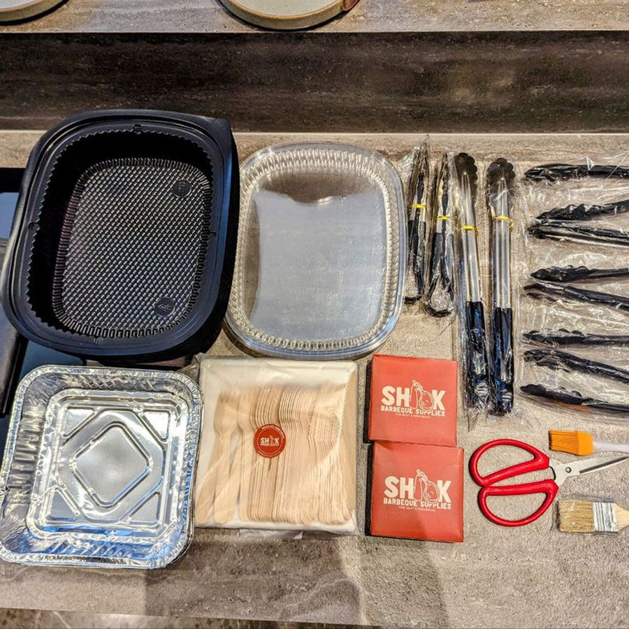 Essential BBQ tool set with grill tray tongs and foil trays from Shiok BBQ